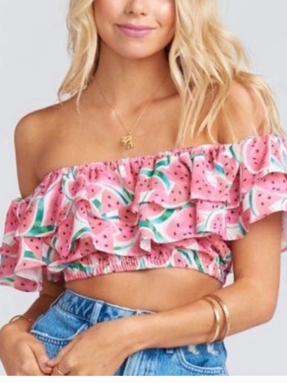 SHOW ME YOUR MUMU Watermelon Print Off The Shoulder Cropped Top